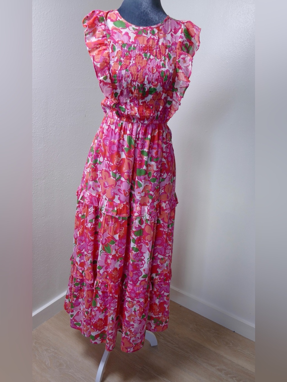 Banjanan Iris Smocked Maxi Dress Large Pink Floral 100% Cotton Lined Pockets